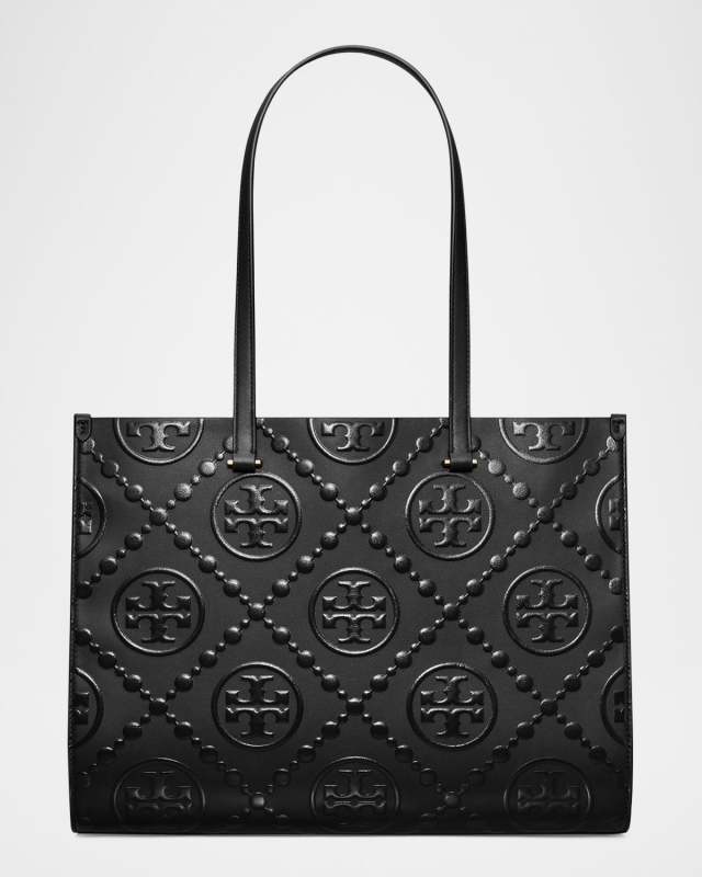 T Monogram Embossed Leather Tote Bag